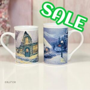 Vintage 1991 1992 Thomas Kinkade Ceramic Christmas Holiday Mug Set